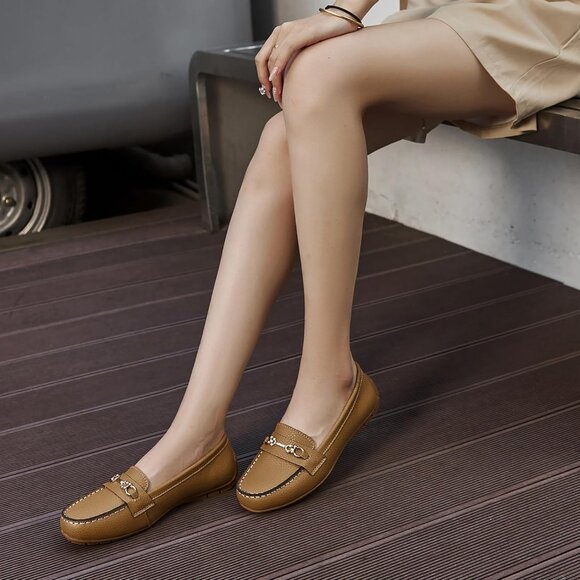 Kordal Women's Brown Leather Gold Accent Buckle Slip-Ons Walking Flats Loafers - Picture 6 of 9